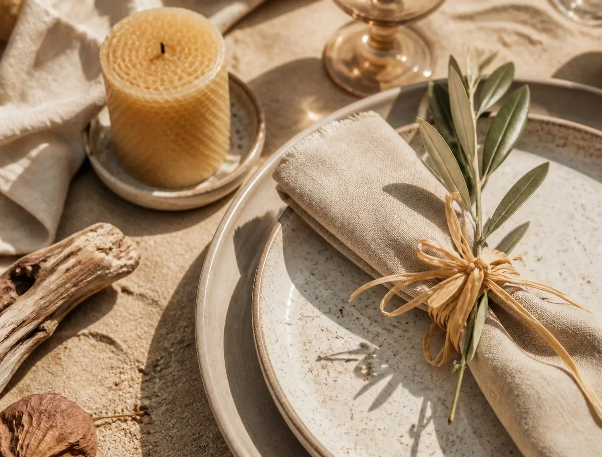 Details: olive branch, ceramic and handmade linen